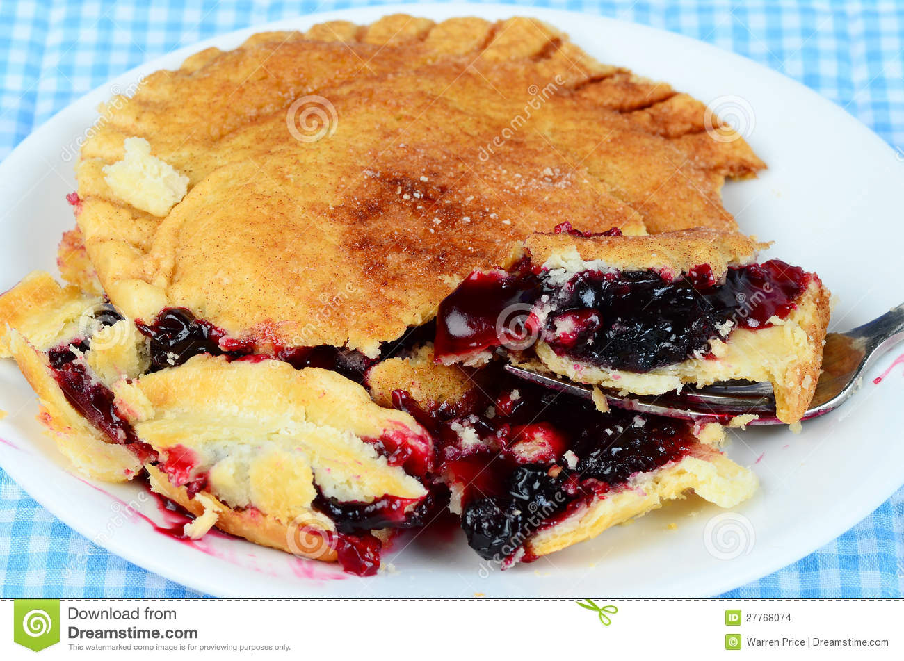 Closeup Of Fork Cutting Cherry Pie With Flaky Golden Brown Crust On    