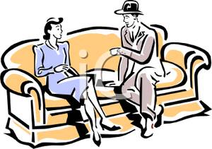 Colorful Retro Style Cartoon Of A Couple Sitting On A Sofa Drinking