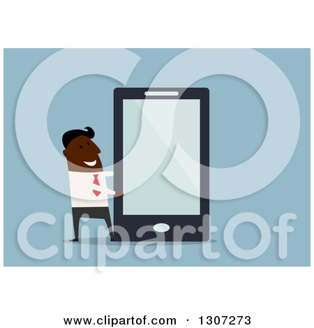 Design Black Businessman Presenting A Giant Smart Cell Phone On Blue