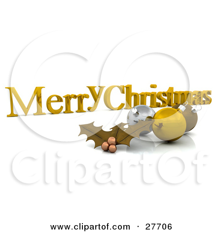 Golden Merry Christmas Greeting With Gold Holly And Ornament