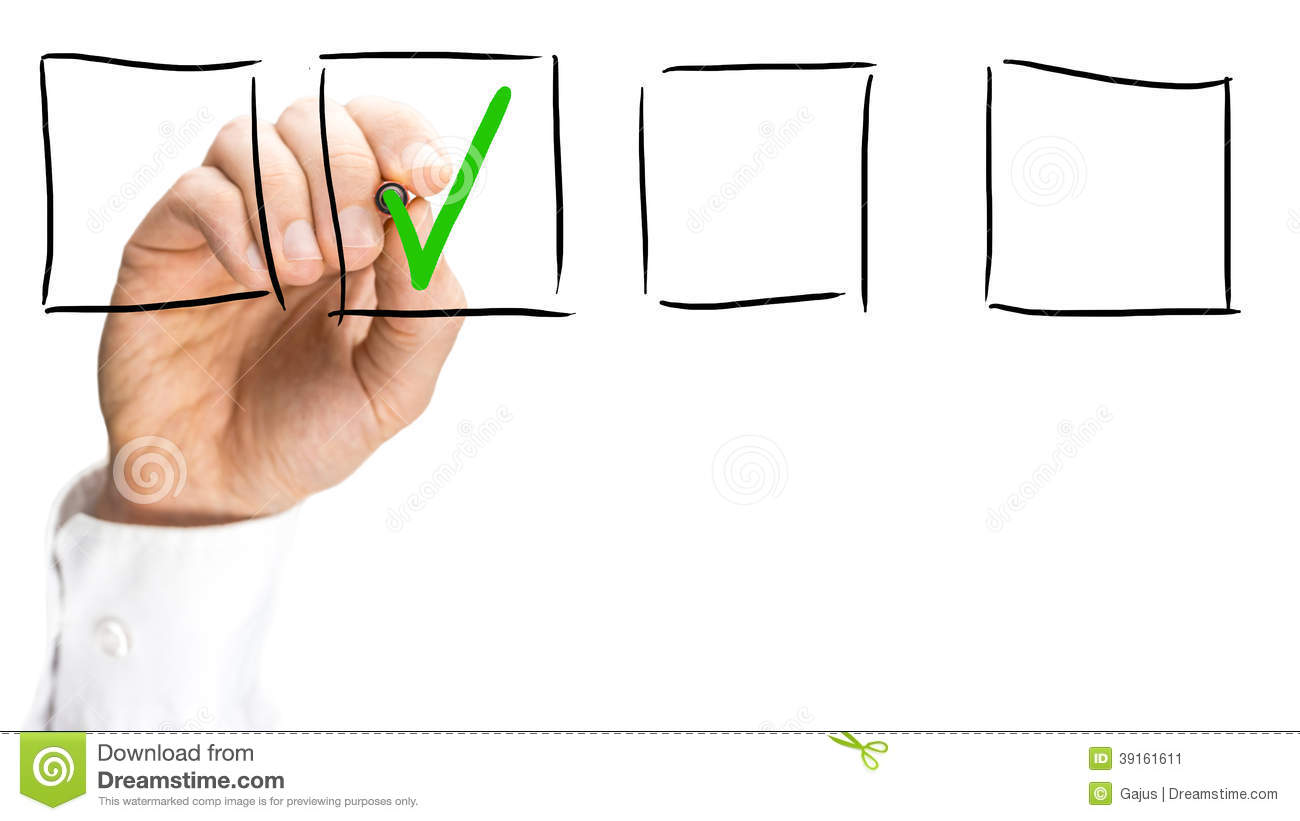 Man Ticking A Hand Drawn Check Box In A Line Of Four Blank Boxes On A