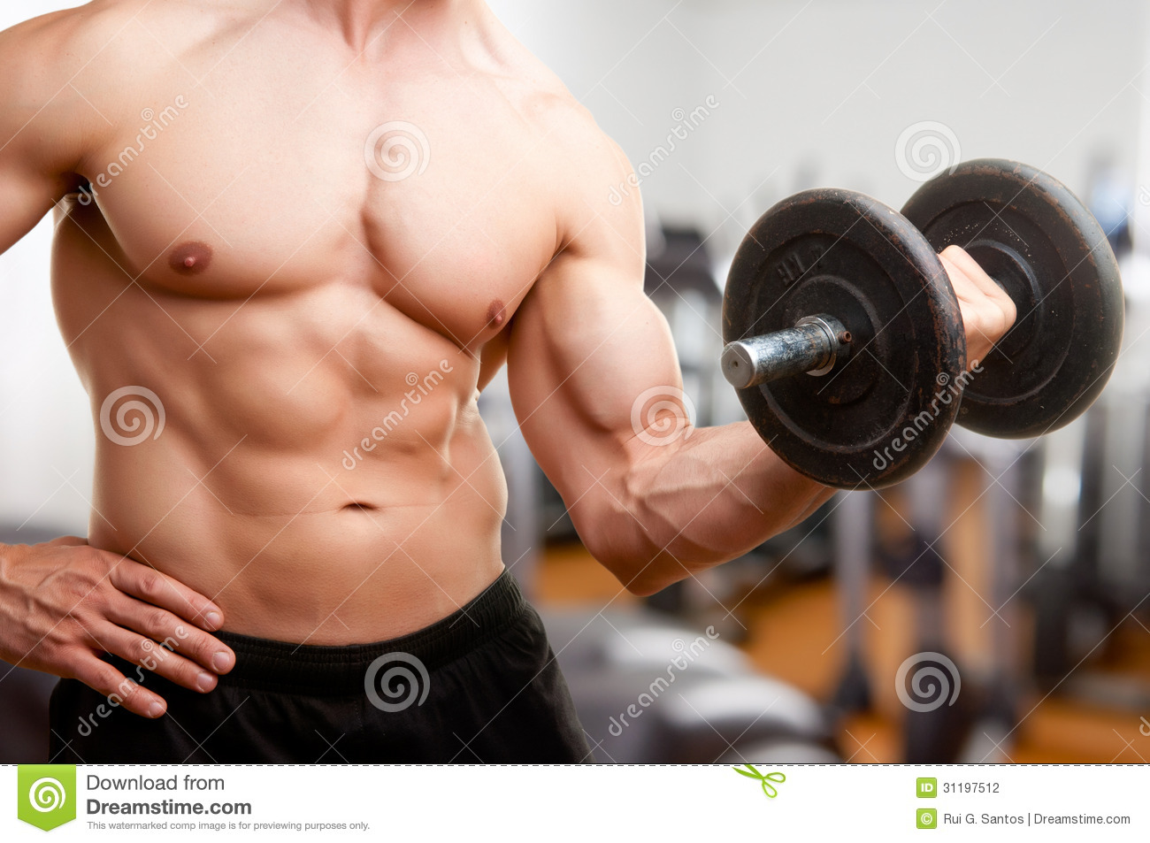 Personal Trainer Doing Standing Dumbbell Curls For Training His Biceps    