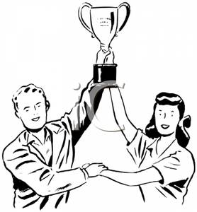 Retro Cartoon Of A Couple Holding Up A Trophy   Royalty Free Clipart