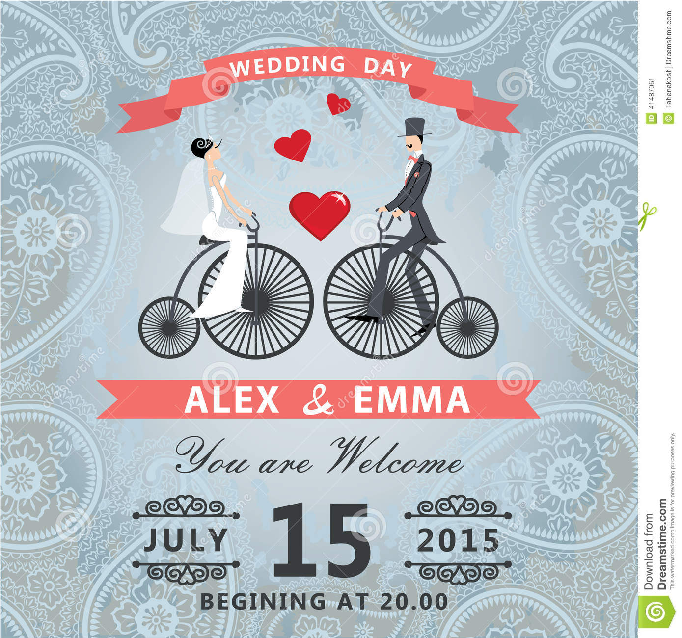 Retro Wedding Invitation With Cartoon Couple Bride And Groom In Retro