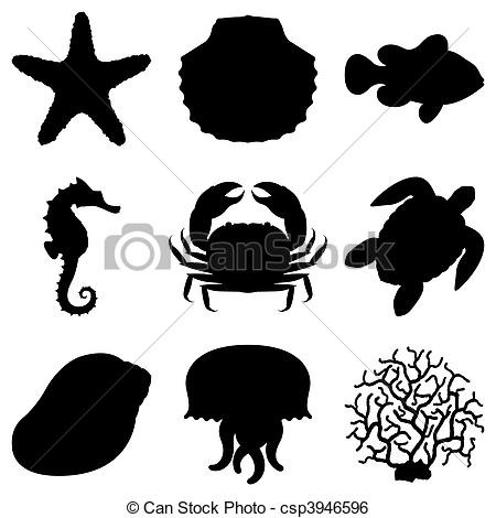 Set Of 9 Black Silhouettes Of Sea Animals