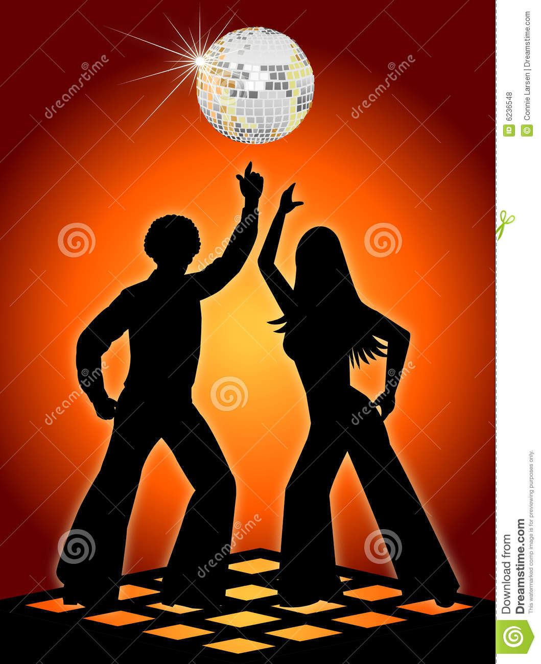 Silhouette Illustration Of Two Retro Seventies Style Disco Dancers In