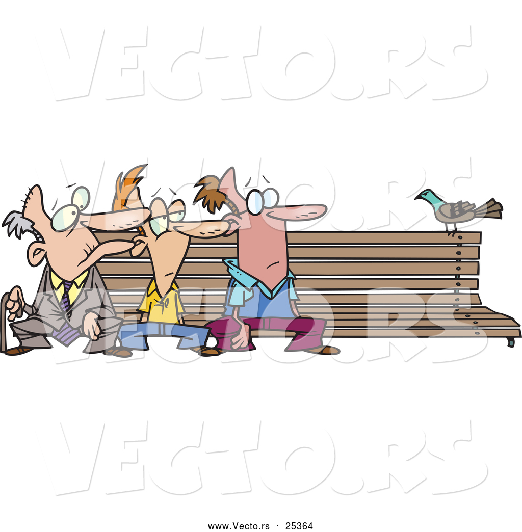 Three Bored Cartoon Men Watching A Pigeon While Seated And Waiting On    