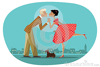 Vector Illustration Of A Retro Style Couple Walking A Dog And Kissing