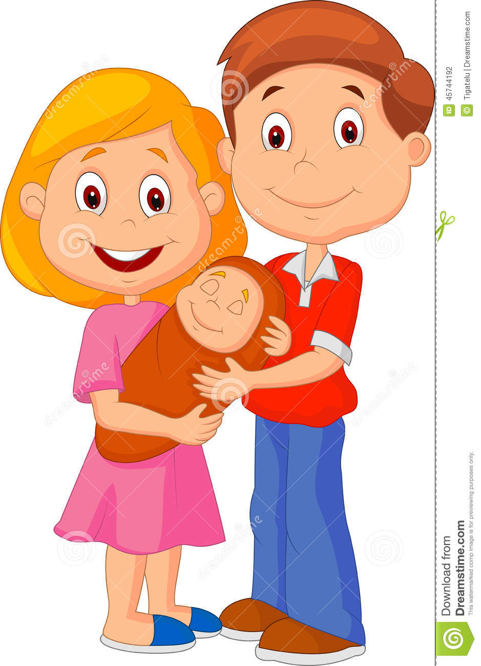 Cartoon Young Adult Couple Tenderly Embracing Their Baby Stock Vector