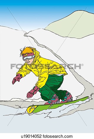 Clip Art Of Painting Of A Young Adult Man Snowboarding Illustration