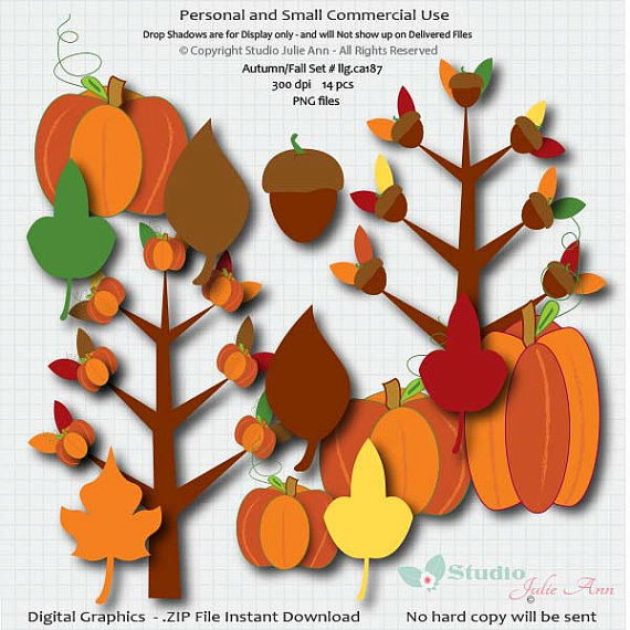 Fall Autumn Digital Clipart Pumpkin Clip Art Leaves Trees Autumn