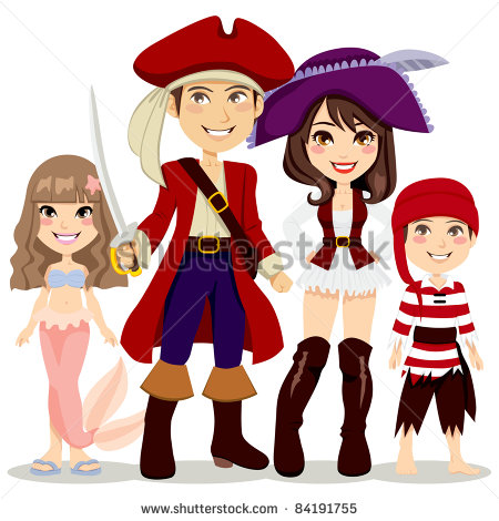 Four People Family Celebrating Halloween Holiday Party With Pirate And