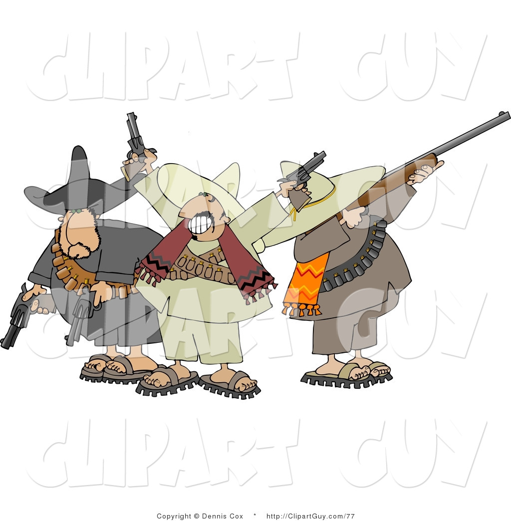 Larger Preview  Clip Art Of Rowdy Mexican Banditos Pointing Guns And