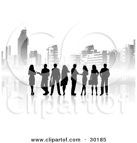 Rf  Clipart Illustration Of Black Silhouetted Business People Talking