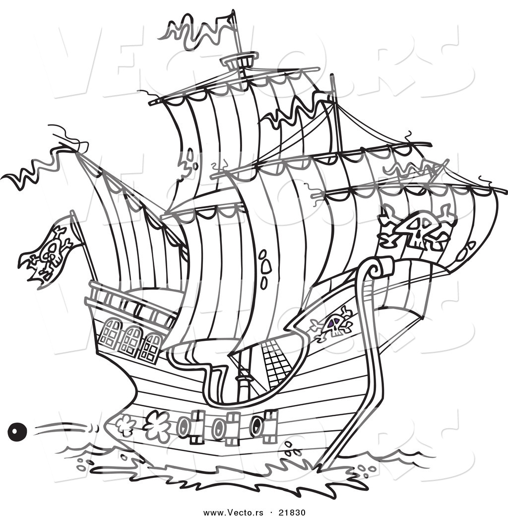 Vector Of A Cartoon Pirate Ship Shooting Cannons   Outlined Coloring