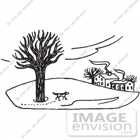 61793 Clipart Of A Dog Exploring Property In The Winter In Black And