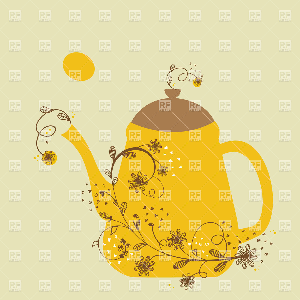 Cartoon Yellow Teapot Decorated With Floral Branch Download Royalty