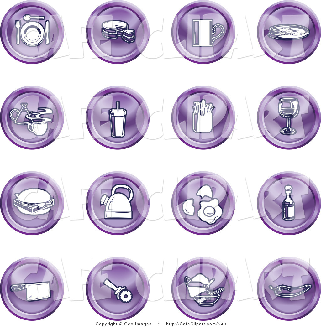     Circular Purple Icons Of Food And Kitchen Items On A White Background