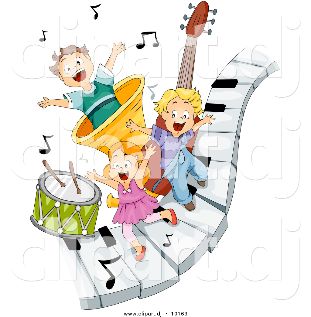 Clipart Of A 3 Happy Kids Playing On Piano Keys With Music Notes