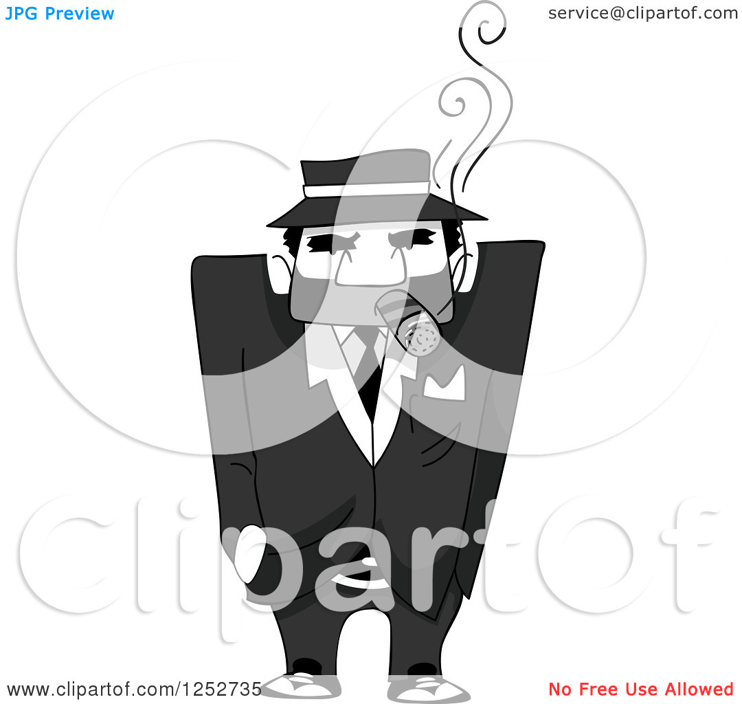 Clipart Of A Grayscale Mafia Mobster Man Smoking A Cigar   Royalty    
