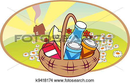 Clipart Of Stylized Food Basket On Background With Country Landscape