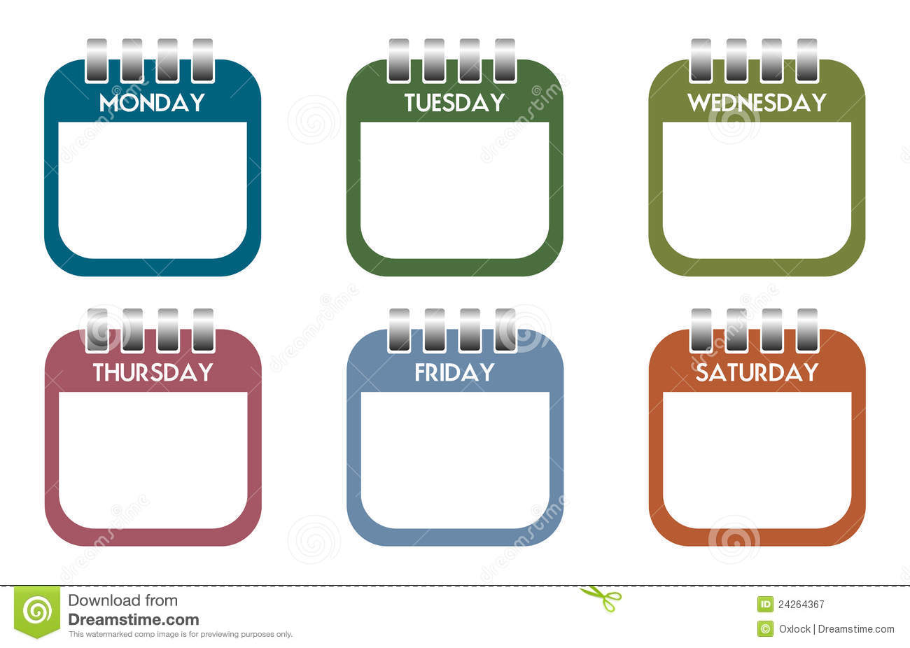 Set Of Six Colorful Calendar Sheets With The Days Of The Week Written