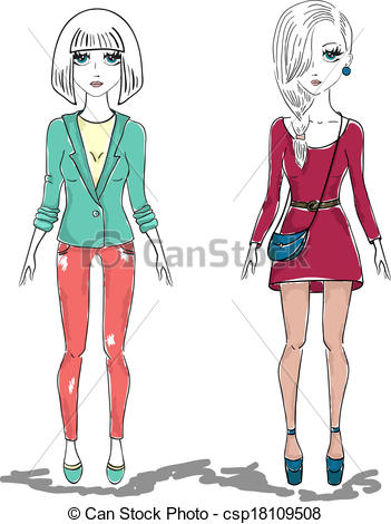 Vector Clipart Of Hand Drawn Illustration Fashion Girl Woman