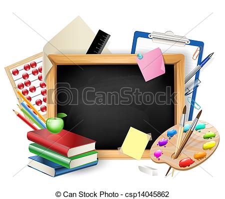 Vector Of Little Blackboard As Background With Pens Pencils Books