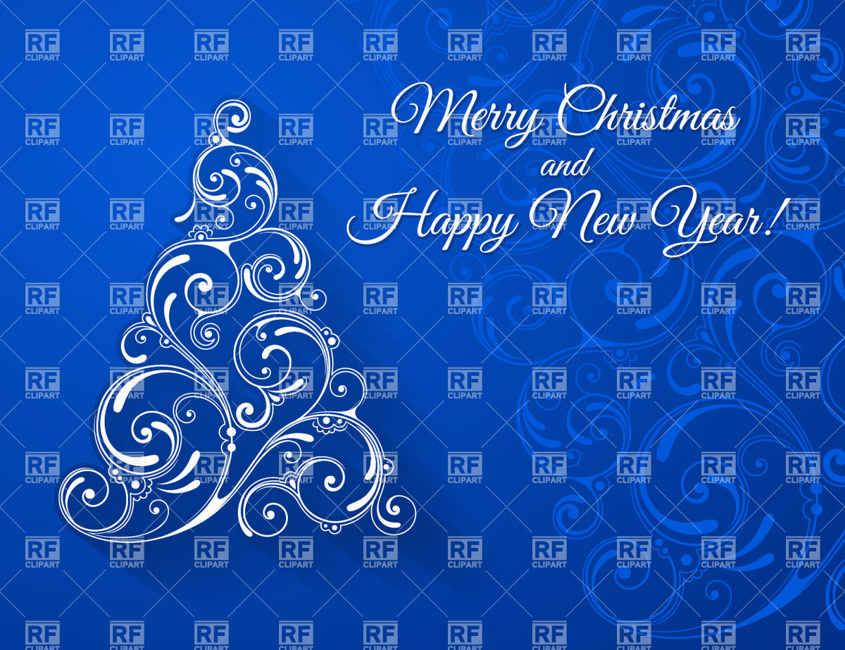 Blue Holiday Card With Christmas Tree Made Of Curly Ornament Download    