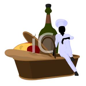 Chef Sitting On A Gourmet Gift Basket   Royalty Free Clipart Picture