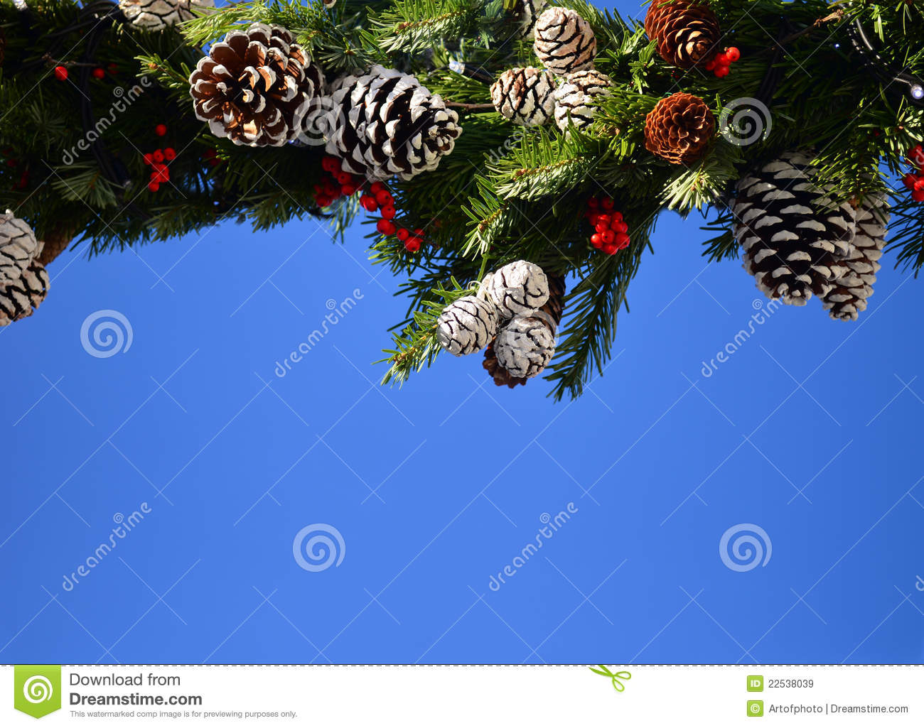 Christmas Decoration With Pine Cones On Blue Sky With Copy Space