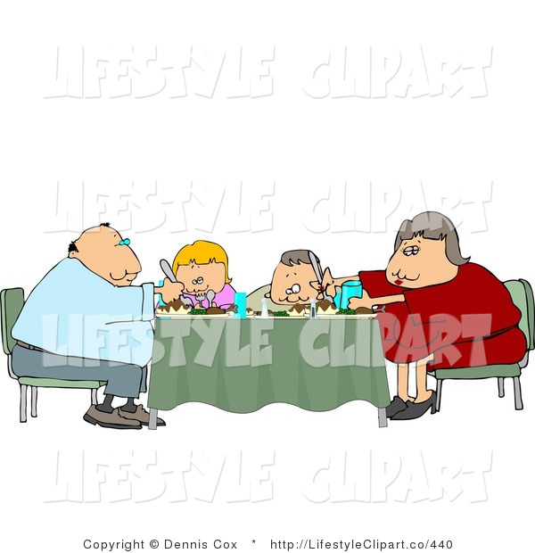 Clip Art Of An Obese Family Of Four Eating Dinner Meal Together At The
