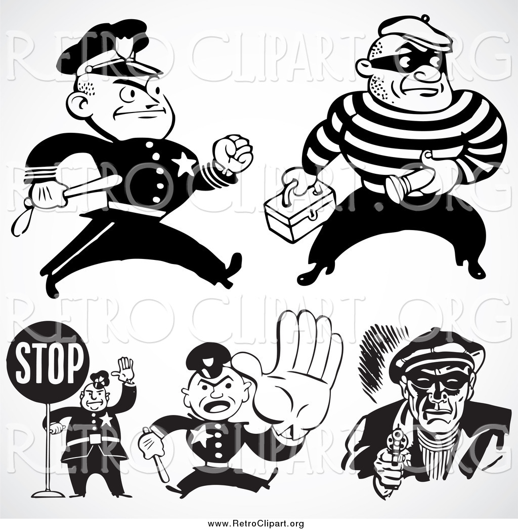 Clipart Of Retro Black And White Police Officers And Criminals By