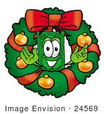Dollar Bill Cartoon Character In The Center Of A Christmas Wreath
