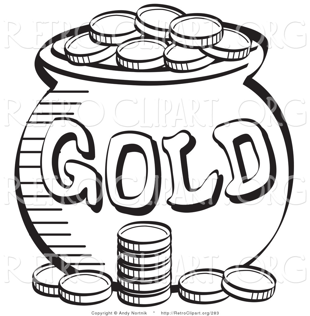 Retro Clipart Of A Stack Of Coins Near A Cauldron Of Leprechaun S Gold    