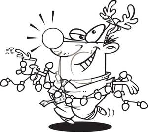Black And White Cartoon Of An Inebriated Man Dressed Up As Rudolph    
