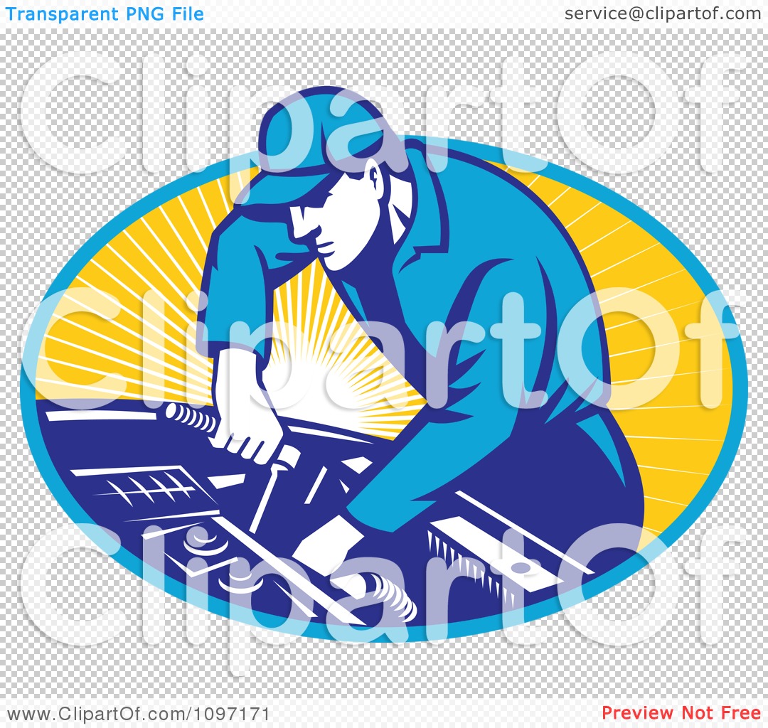 Clipart Retro Automobile Mechanic Using A Socket Wrench On A Car    