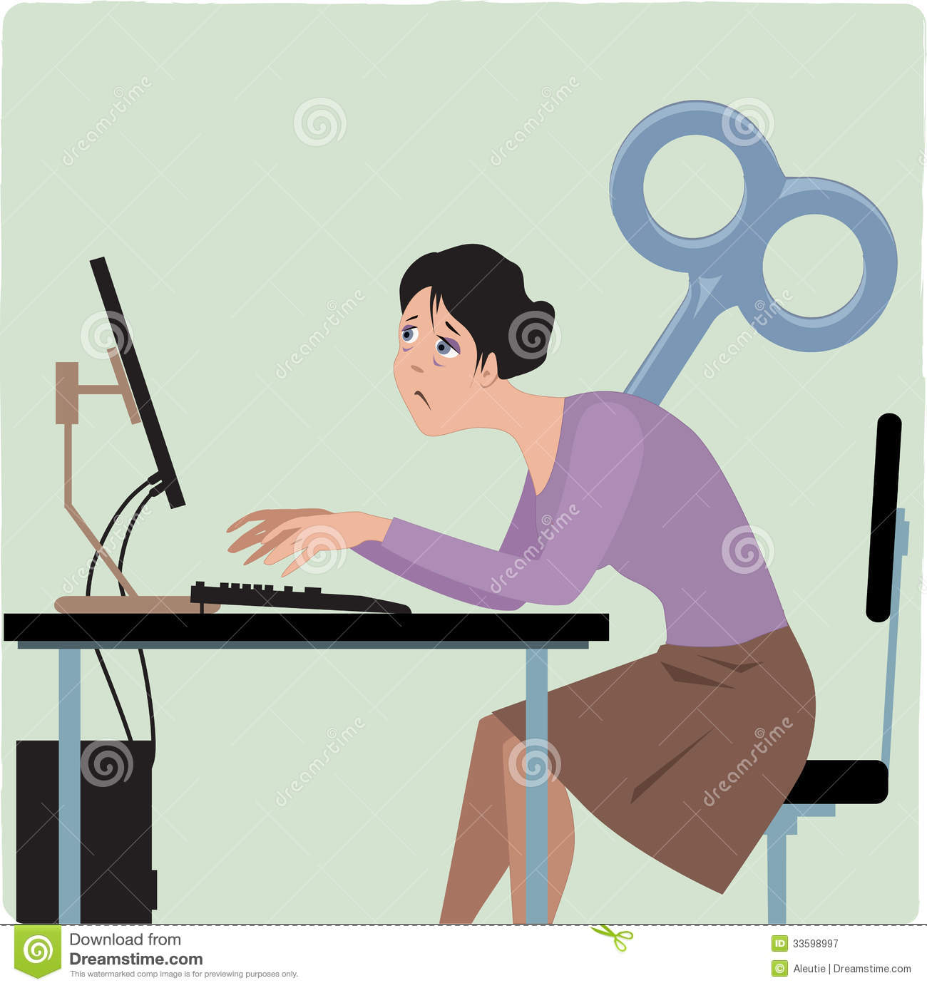 Exhausted Female Employee Working On The Computer Giant Key Sticking