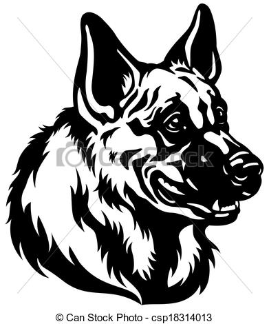 German Shepherd Dog Head Black And White Illustration