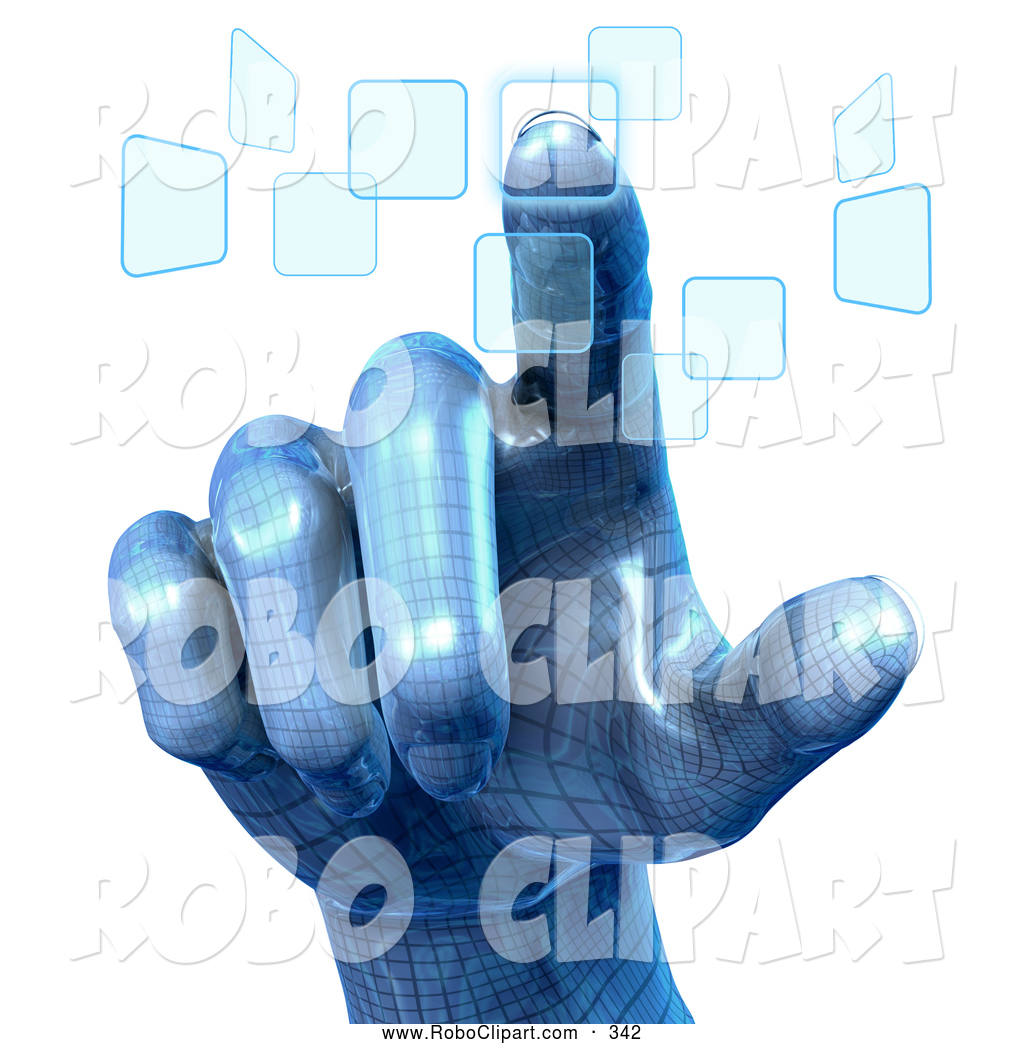 Larger Preview  Clip Art Of A Blue Robotic Hand Pushing Touch Screen    