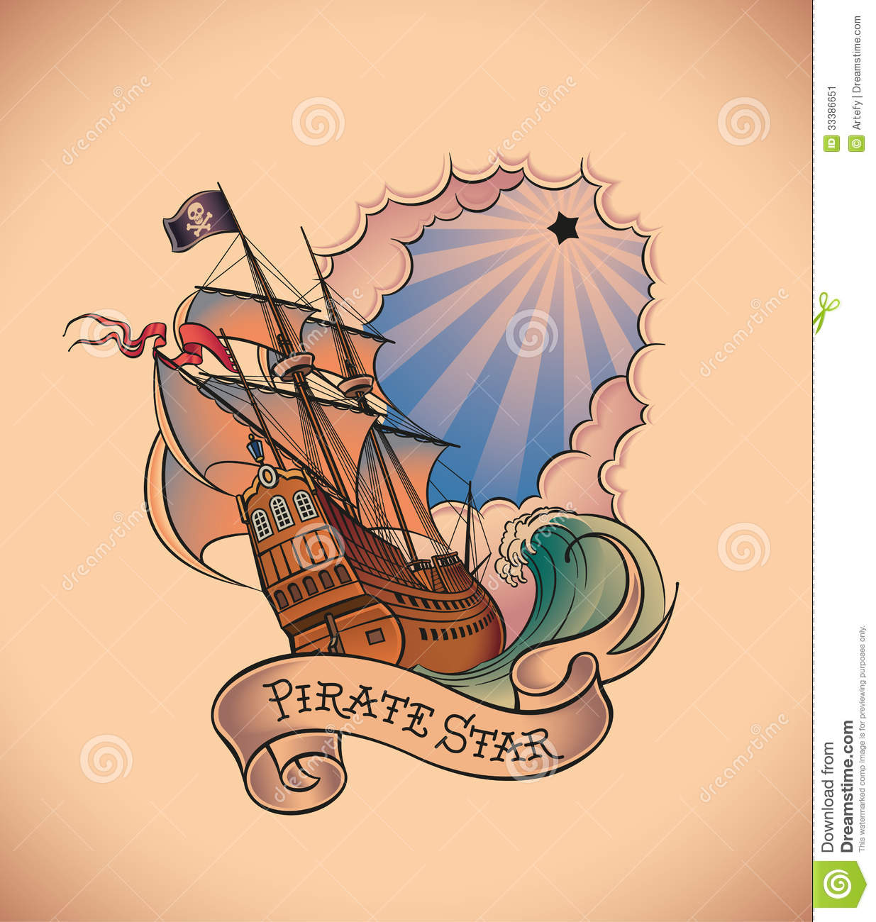 Old School Styled Tattoo Of A Pirate Ship On The Background Of A