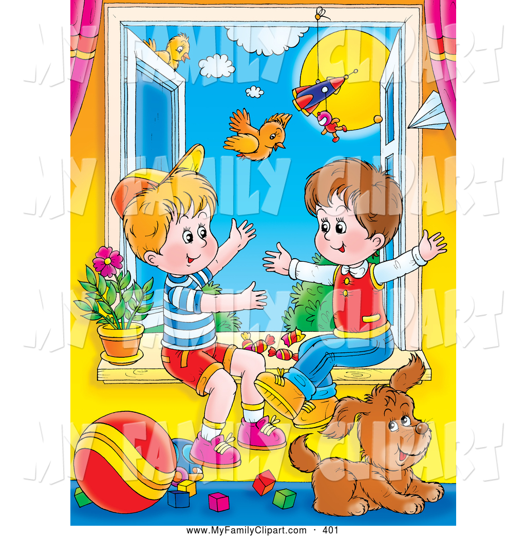 Larger Preview  Clip Art Of A Pair Of Little Boys Playing In An Open    