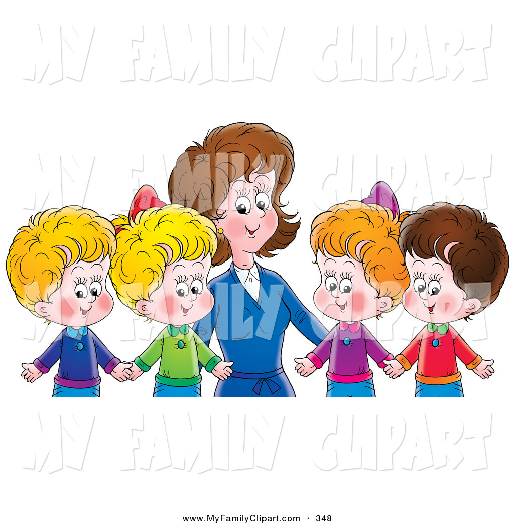    Mother Or Teacher Standing Behind Four Children Holding Hands On White