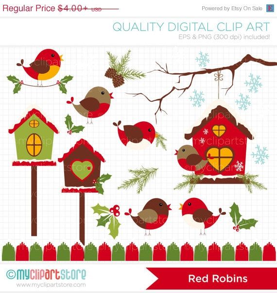 Sale   Red Robin   Cardinal Christmas Clip Art   Digital Clipart