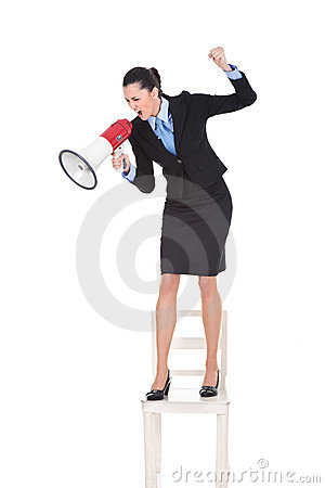 Angry Boss With Megaphone Yelling And Standing On Chair Shoving