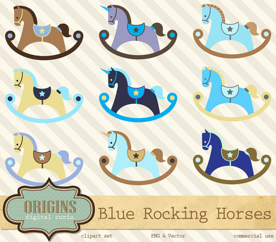 Blue Rocking Horse Clipart Cute Baby Digital Unicorns Vector Clip Art    