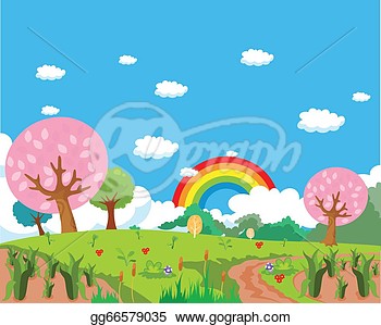 Clip Art Vector   Forest Rainbow And Farm Background Landscape  Stock