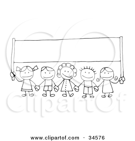 Group Of Happy Stick Children Holding Hands And Carrying A B    By C