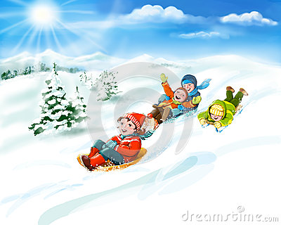 Kids With Sledges Snow   Happy Winter Vacation Stock Illustration