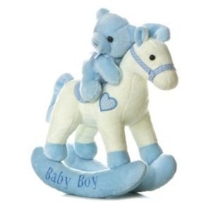 Musical Plush Blue Rocking Horse With Teddy Bear By Aurora